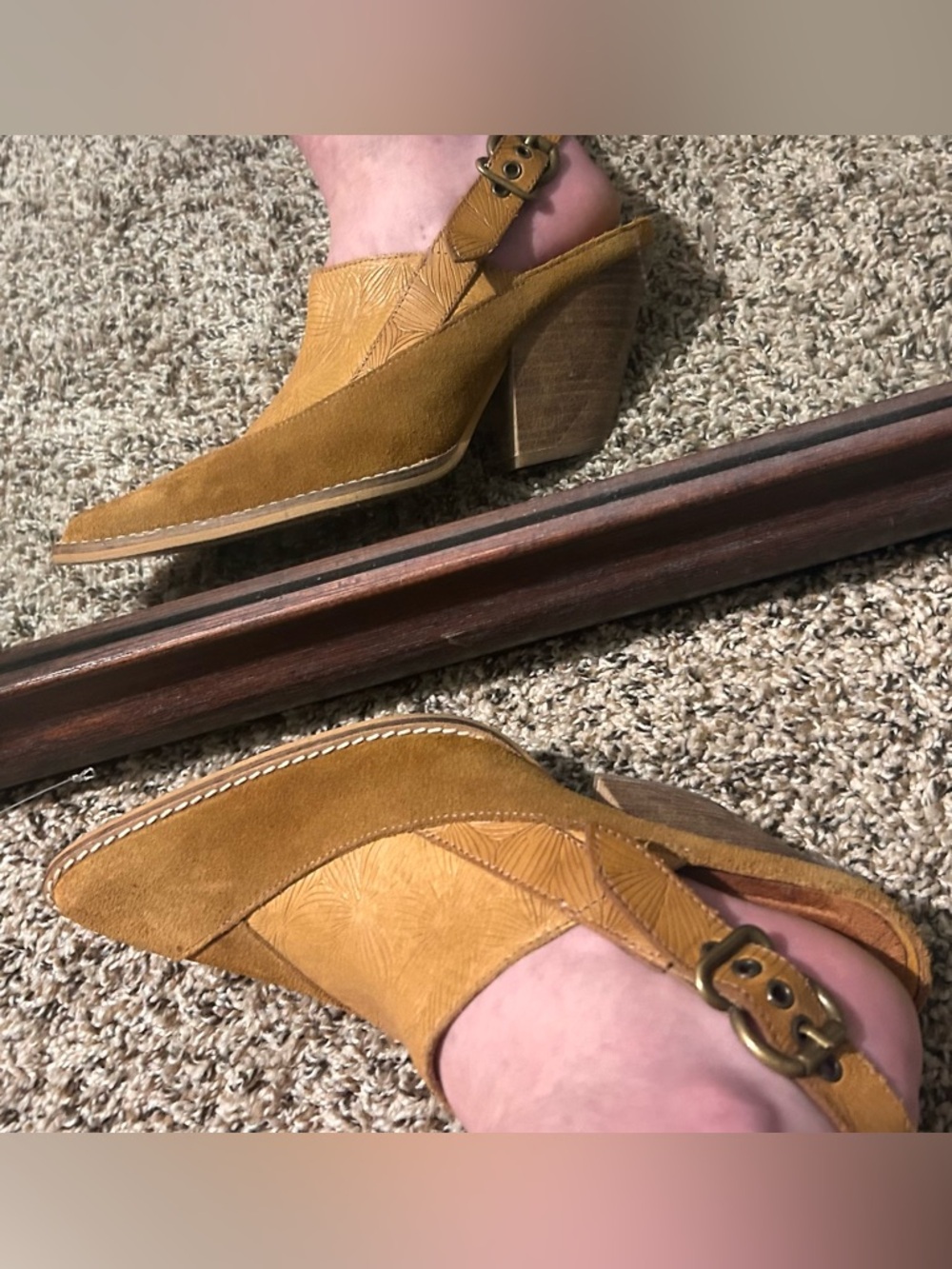 Free People Mustard Suede Slingback Block Heel Mules
